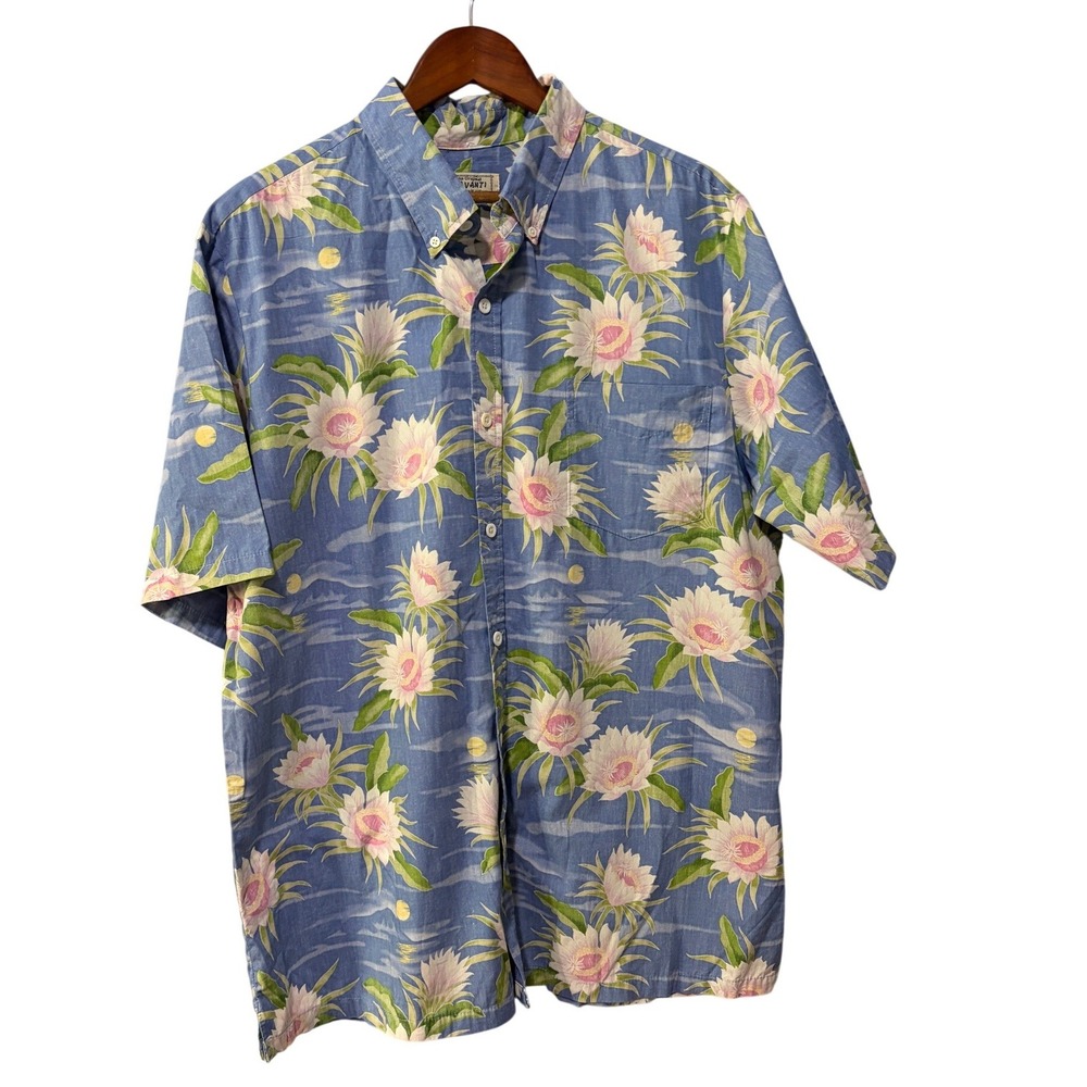 Avanti Hawaiian Shirt Mens Blue Night Blooming Cereus Floral Cotton Aloha